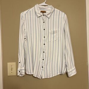 JACHS Girlfriend Long Sleeve Button Up Blouse White Blue Stripe Large FLAW
